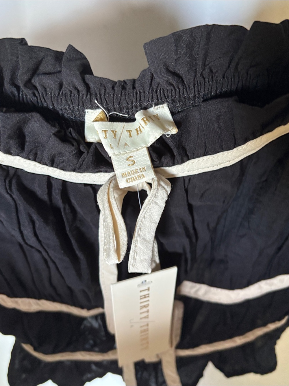 Thirty Thirty Shirred Ruffle Smocked Cami Top in Black & Ecru - Picture 2 of 8